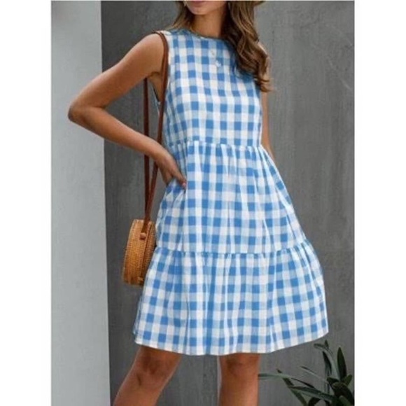Sleeveless tiered blue gingham dress, XL - Picture 6 of 6
